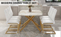 Table And Chair Set.Modern Luxurious Tempered Glass Dining Table Set With Gold Metal Legs And 6 Pu Chairs.White Marble Patterned Sticker Tabletop,White Chairs With Gold Metal Legs. White Gold Seats