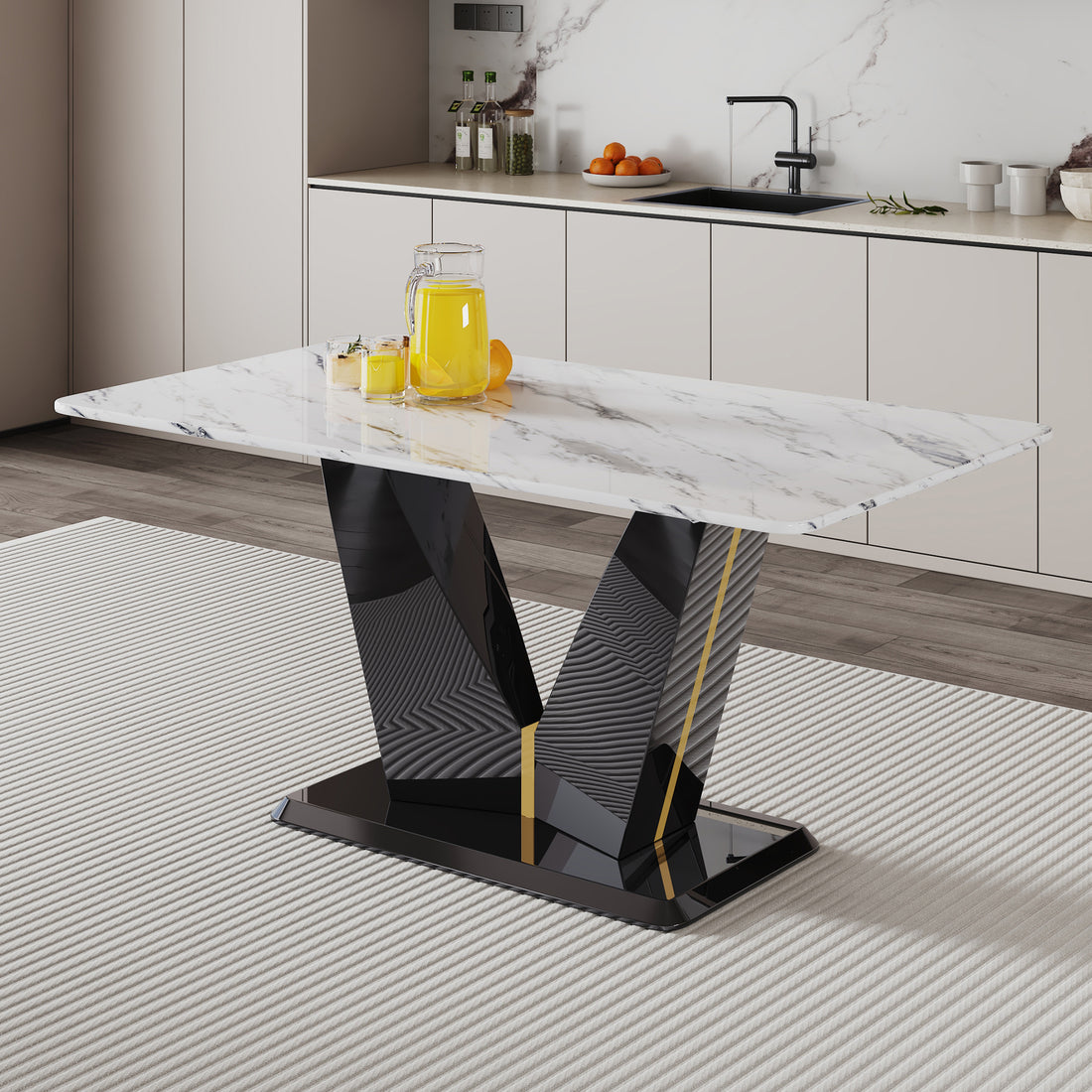 Modern Minimalist Rectangular Dining Table, 0.4 Inch Thick, White Imitation Marble Pattern Tabletop, Black Mdf Table Legs. Suitable For Kitchens, Restaurants, And Living Rooms63'' X 35.4'' X 30'' F