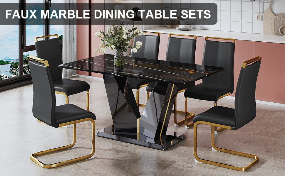 Table And Chair Set,Modern Minimalist Rectangular Dining Table, 0.4 Inch Thick, With A Black Imitation Marble Pattern Glass Desktop And Black Mdf Legs. Comfortable Pu Seats,Perfect For Dinner, Meet Black Seats 6 Mdf Glass