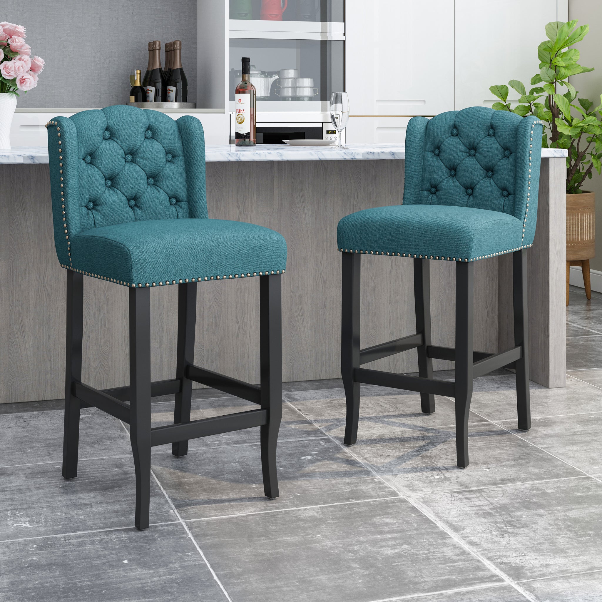 Vienna Contemporary Fabric Tufted Wingback 31 Inch Counter Stools, Set Of 2, Teal And Dark Brown Teal Fabric