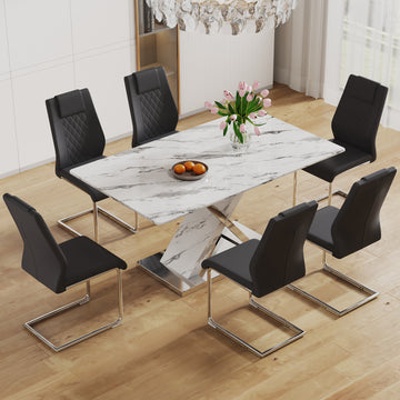 Table And Chair Set, Modern Dining Table, Imitation Marble White Top And Silver Legs, Soft And Comfortable Dining Chair, Perfect For Dinner, Meetings, Home And Office Decor Black Silver Glass Metal