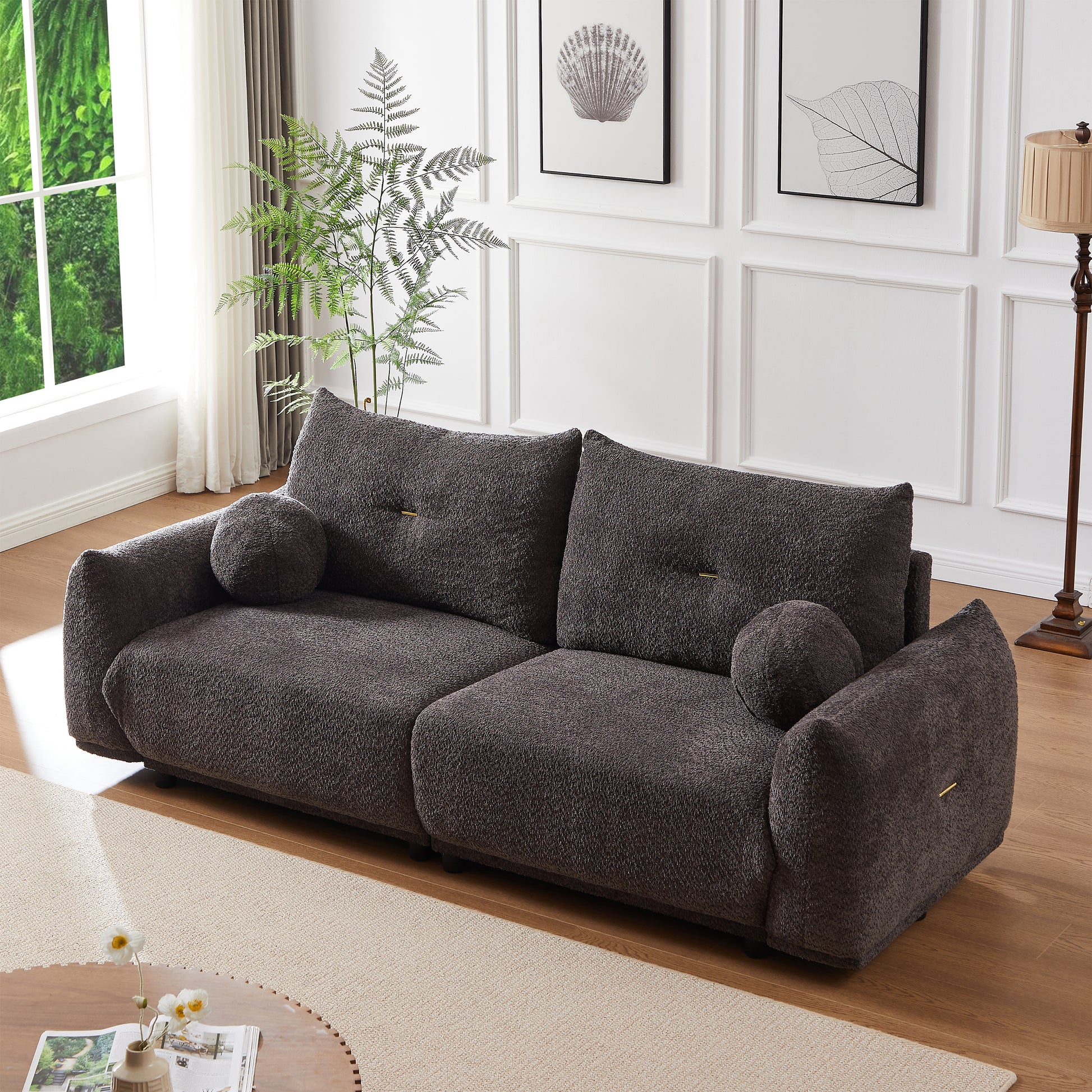 Lamb'S Wool 2 Seater Cushion Sofa 90'' Comfortable Sofa For Living Room Bedroom And Other Casual Spaces Lamb'S Wool Sofa With 2 Cushions And 2 Ball Pillows. Gray Gray Foam Fabric 2 Seat