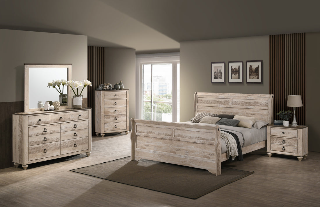 Imerland Contemporary White Wash Finish Bedroom Set With King Sleigh Bed, Dresser, Mirror, Nightstand, Chest Box Spring Required King Walnut Brown Wood Light Brown 5 Piece Set Bedroom Bed Included,Chest Included,Dresser Included,Mirror