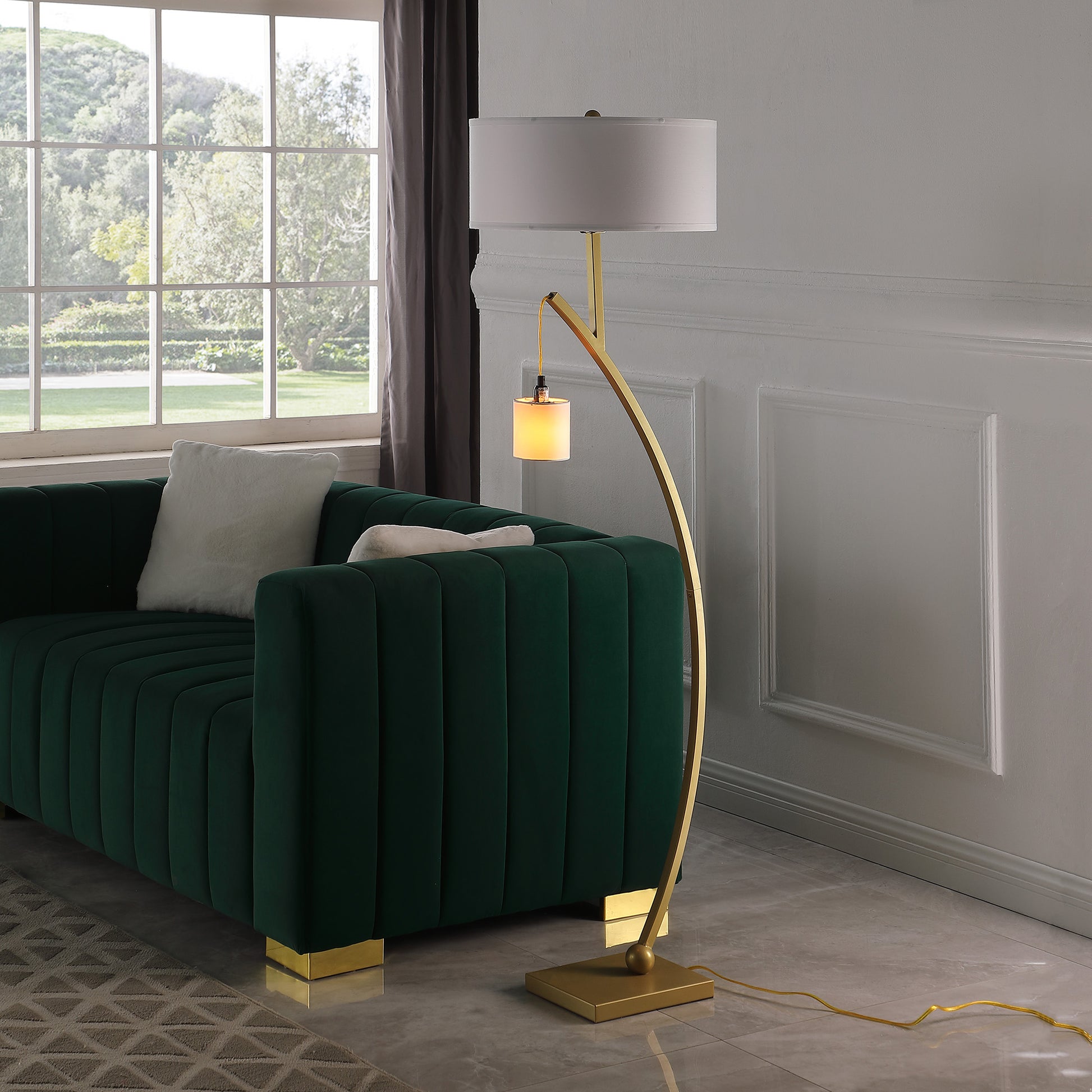 59" In Contemporary Dual Gold Arc W Hanging Pendelum Lamp Metal Floor Lamp Gold Fabric Metal