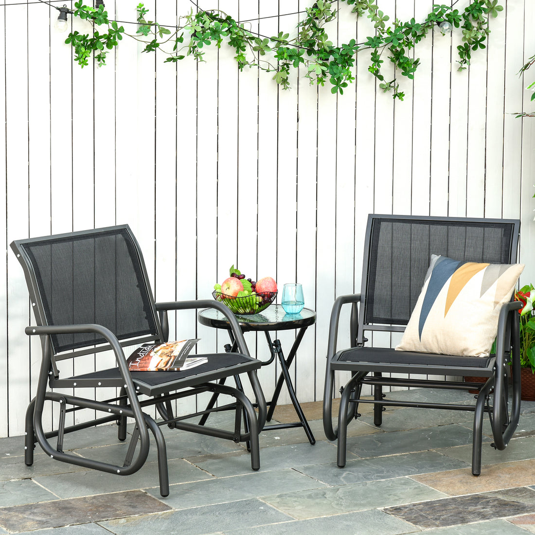 Outsunny Porch Glider Set Of 2, Metal Frame Swing Glider Chairs Withmesh Fabric, Curved Armrests And Steel Frame For Garden, Poolside, Backyard, Balcony, Black Black Steel