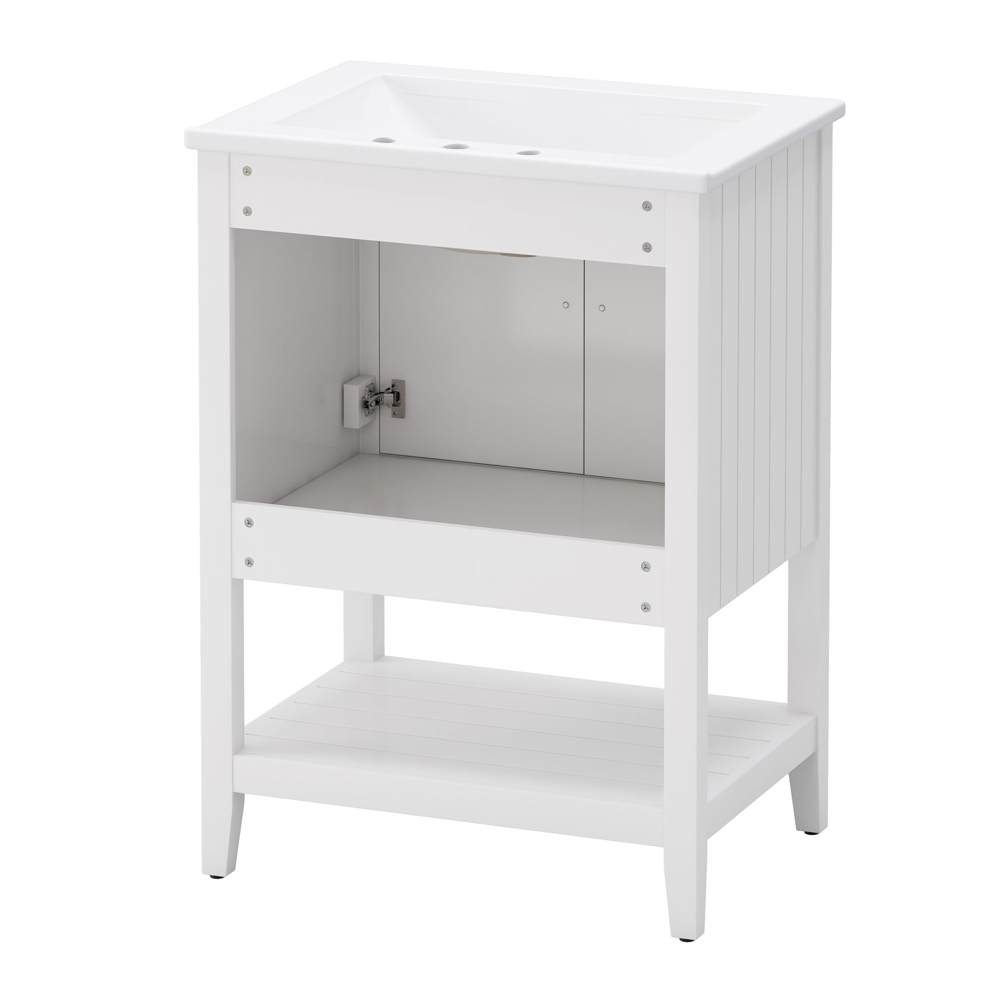 24" White Modern Sleek Bathroom Vanity Elegant Ceramic Sink With Solid Wood Frame Open Style Shelf White Solid Wood