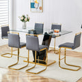 Table And Chair Set,Clear Tempered Glass And Black Legs Of The Table, Pu And Gold Legs Of The Chair Black Grey Seats 6 Tempered Glass