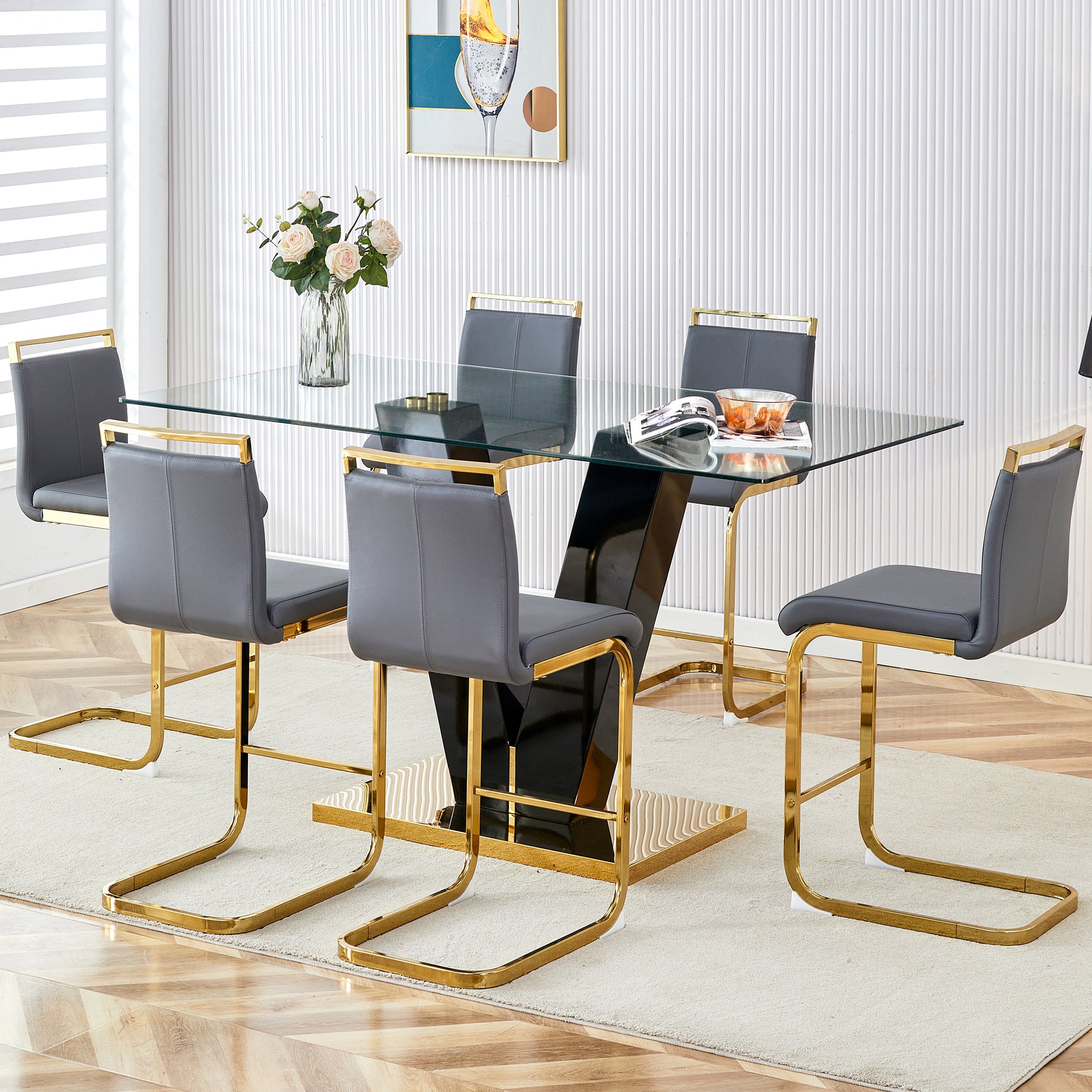 Table And Chair Set,Clear Tempered Glass And Black Legs Of The Table, Pu And Gold Legs Of The Chair Black Grey Seats 6 Tempered Glass