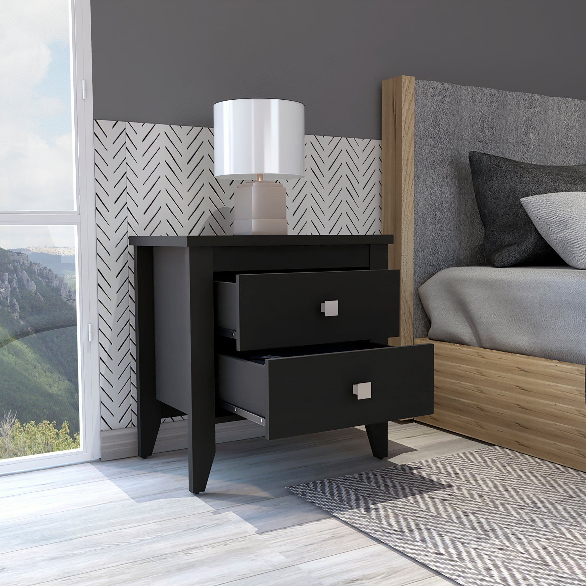 Breeze Four Legged Modern Bedroom Nightstand, With Two Drawers Black 2 Drawers Bedroom Rectangle Modern Shelf Mdf Engineered Wood