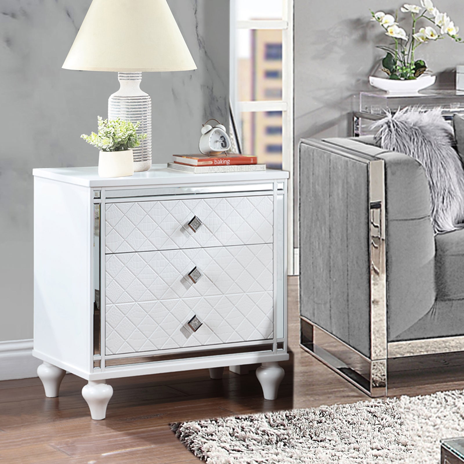 Contemporary Nightstands With Mirror Frame Accents, Bedside Table With Two Drawers And One Hidden Drawer, End Table With Crystal Pull For Living Room,Bedroom, White White 3 Drawers Solid Wood Mdf