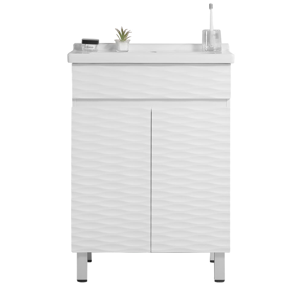 24 Inch Wavy Bathroom Cabinet With Ceramic Sink White Solid Wood