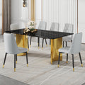 Table And Chair Set.The Table Has A Glass Top With Imitation Marble Pattern Stickers And Stainless Steel Golden Legs. Paried With Chairs With Pu Artificial Leather Backrest Cushions And Black Legs. Black Gold Seats 6 Glass Metal