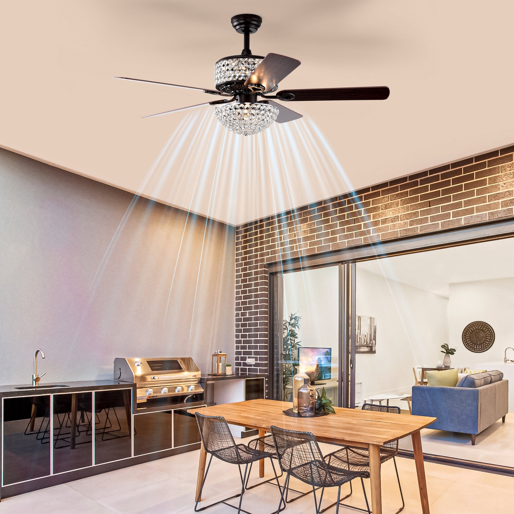 52 Inch Dual Crystal Shade Ceiling Fan With 5 Wood Blades, Two Color Fan Blade, Ac Motor, Remote Control, Reversible Airflow, Multi Speed, Adjustable Height, Traditional Ceiling Fa No Include Bulbs Matt Black American Design,American