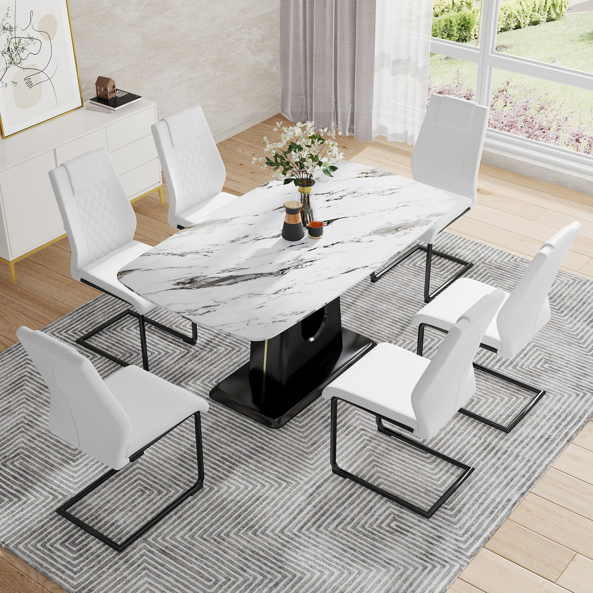 Table And Chair Set, Modern And Minimalist Dining Table, Imitation Marble Patterned Tabletop, Mdf Legs With U Shaped Brackets. Paired With Comfortable Chairs, Suitable For Dining And Living Rooms. Black Mdf Glass