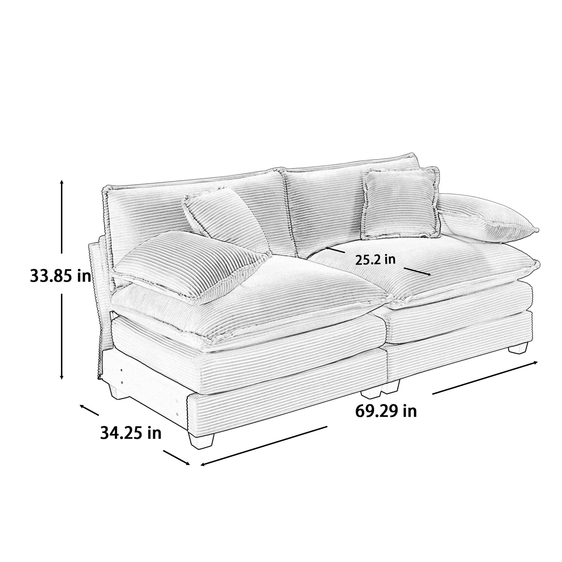 Armless Deep Seating 2 Seater Corduroy Sofa, Can Be Combined With Alternative Armrests And Single Armless Sofas ,Grey Corduroy Fabric Grey Corduroy 2 Seat