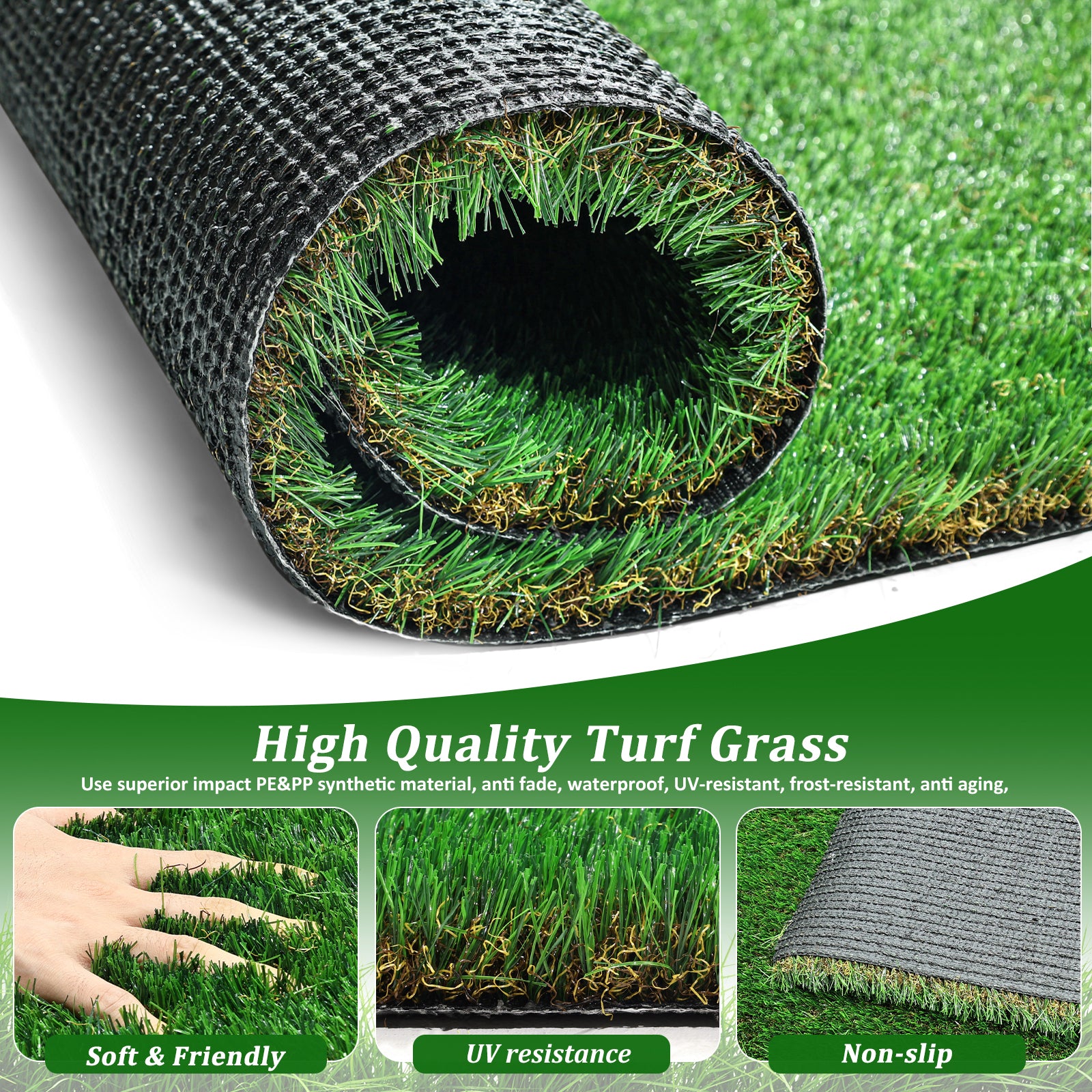 3Ftx10Ft Outdoor Artificial Grass Runner Rug, Thick Realistic Fake Grass Roll Decor Patio Balcony Garden Lawn, Dog Pets Turf Drain Mat, 1.38" Pile Height Green Polypropylene Polyethylene