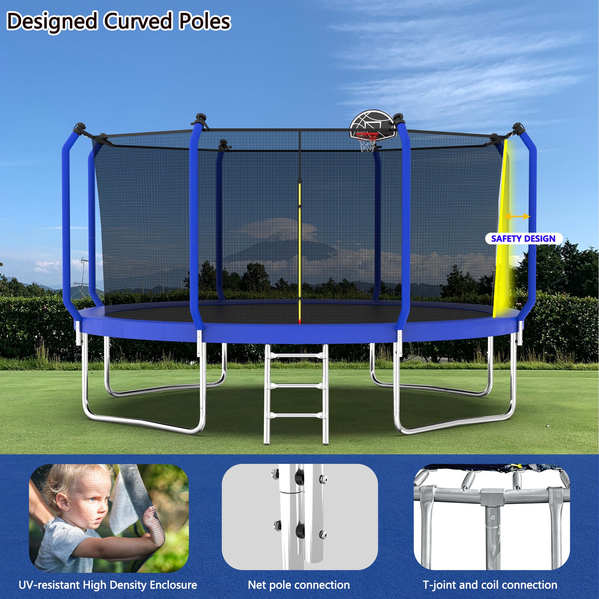 14Ft Trampoline With Basketball Hoop, Astm Approved Reinforced Type Outdoor Trampoline With Enclosure Net Blue Steel