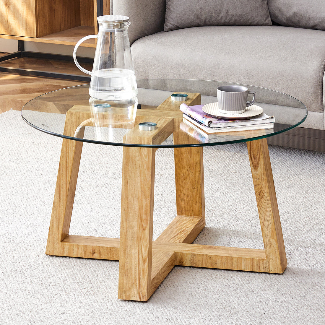 Modern Practical Circular Coffee Tables. Made Of Transparent Tempered Glass Tabletop And Wood Colored Mdf Material. Suitable For Living Rooms And Bedrooms.31.5"*31.5"*17.7" Transparent Glass