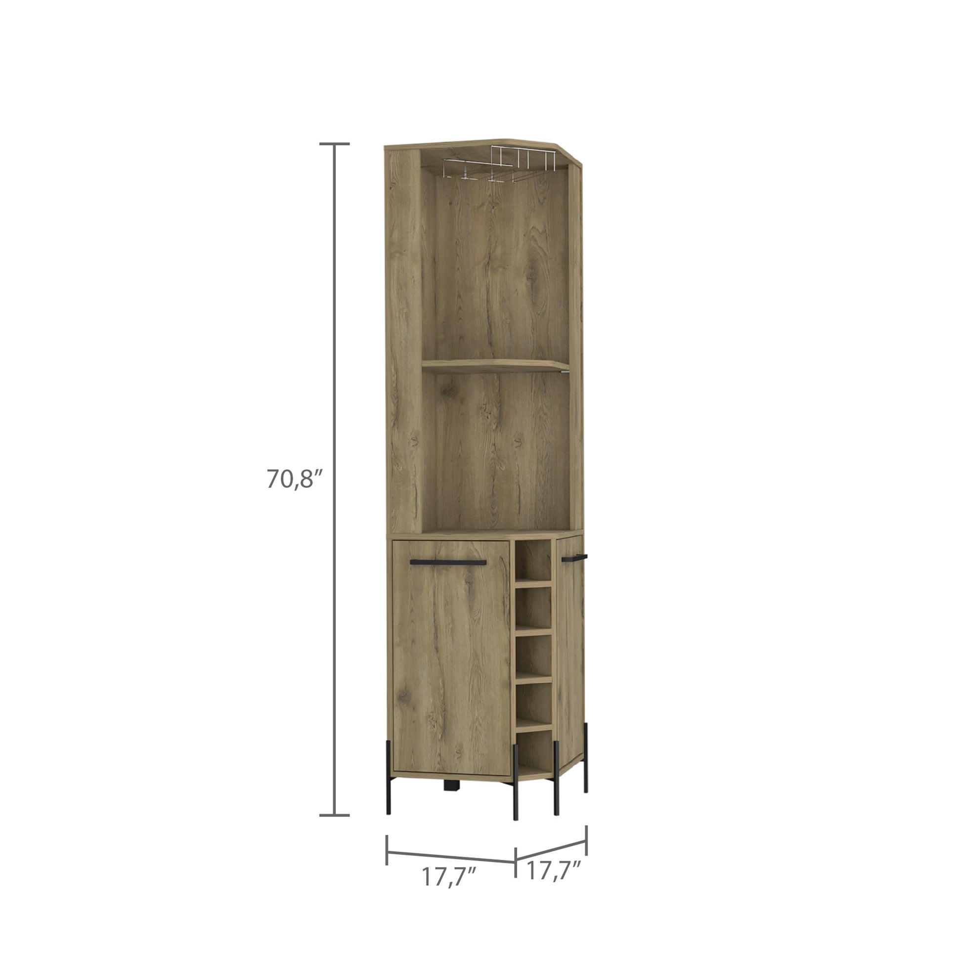 Hans Corner Bar Cabinet, Two Shelves, Five Built In Wine Rack Macadamia Oak Particle Board Particle Board