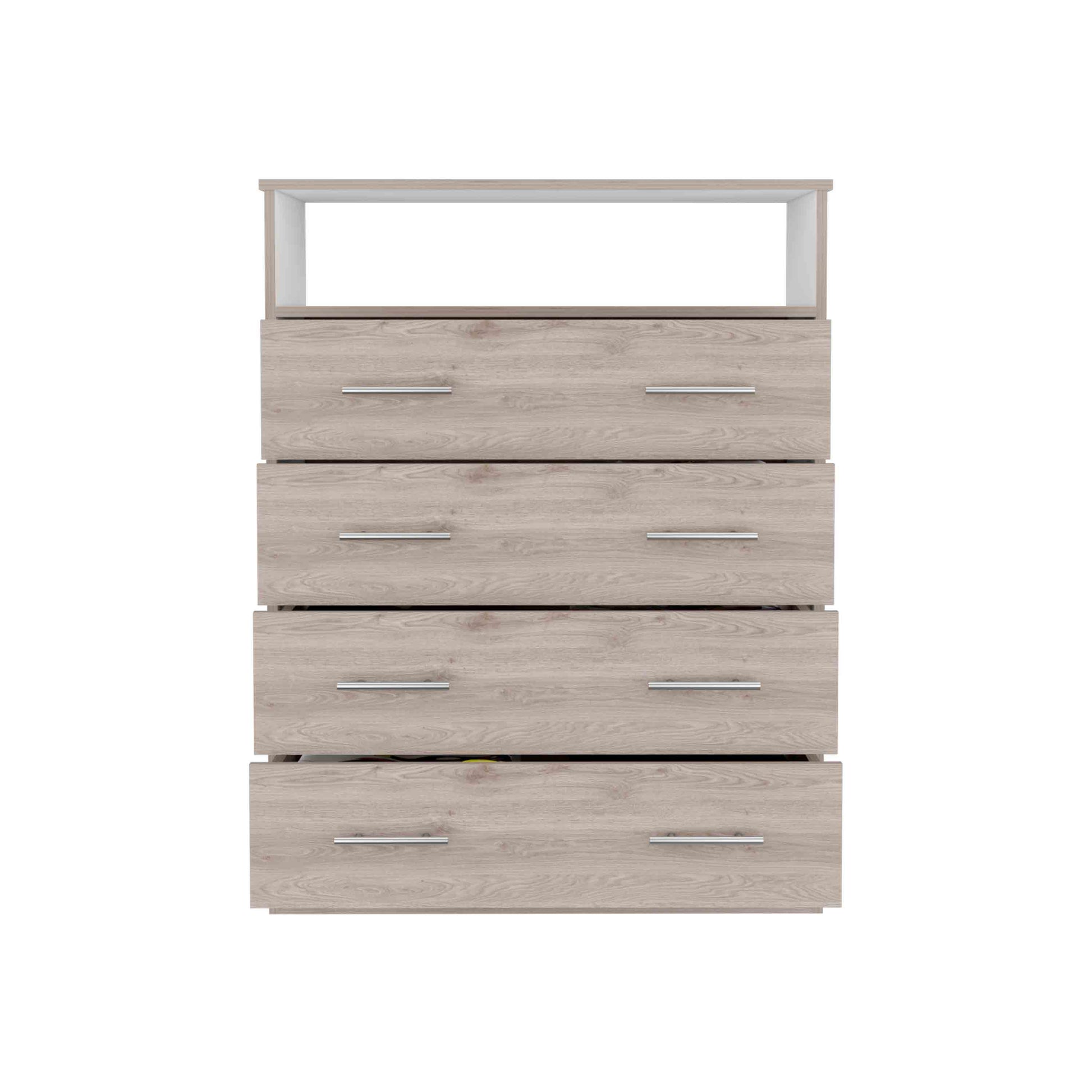 Four Drawer Dresser, Superior Top, One Open Shelf, Light Gray White Multicolor Solid Wood Mdf Engineered Wood