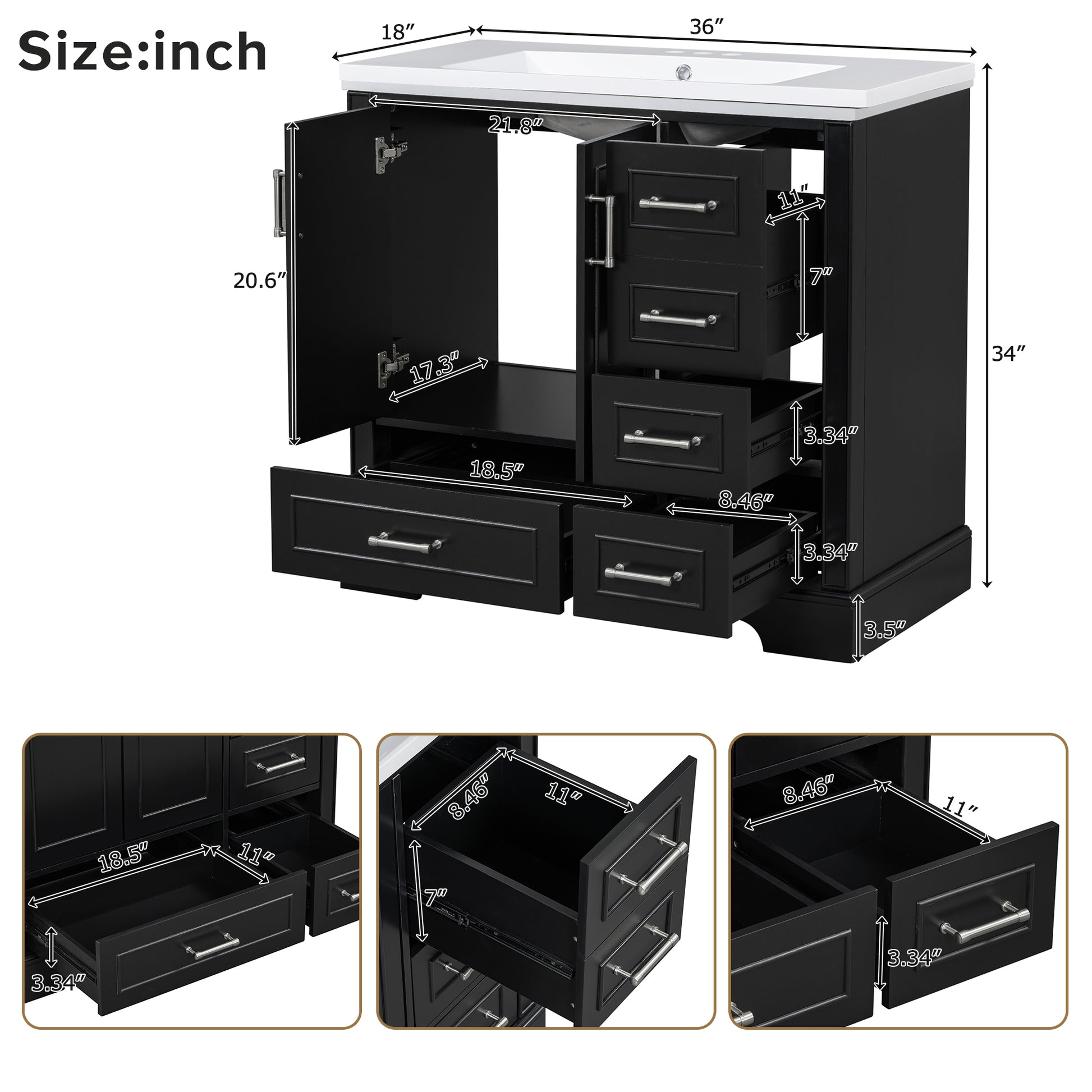 36 Inch Traditional Bathroom Vanity With Resin Sink Combo Set, Black Bathroom Cabinet With Two Doors And Four Drawers Black Bathroom Solid Wood Mdf Resin