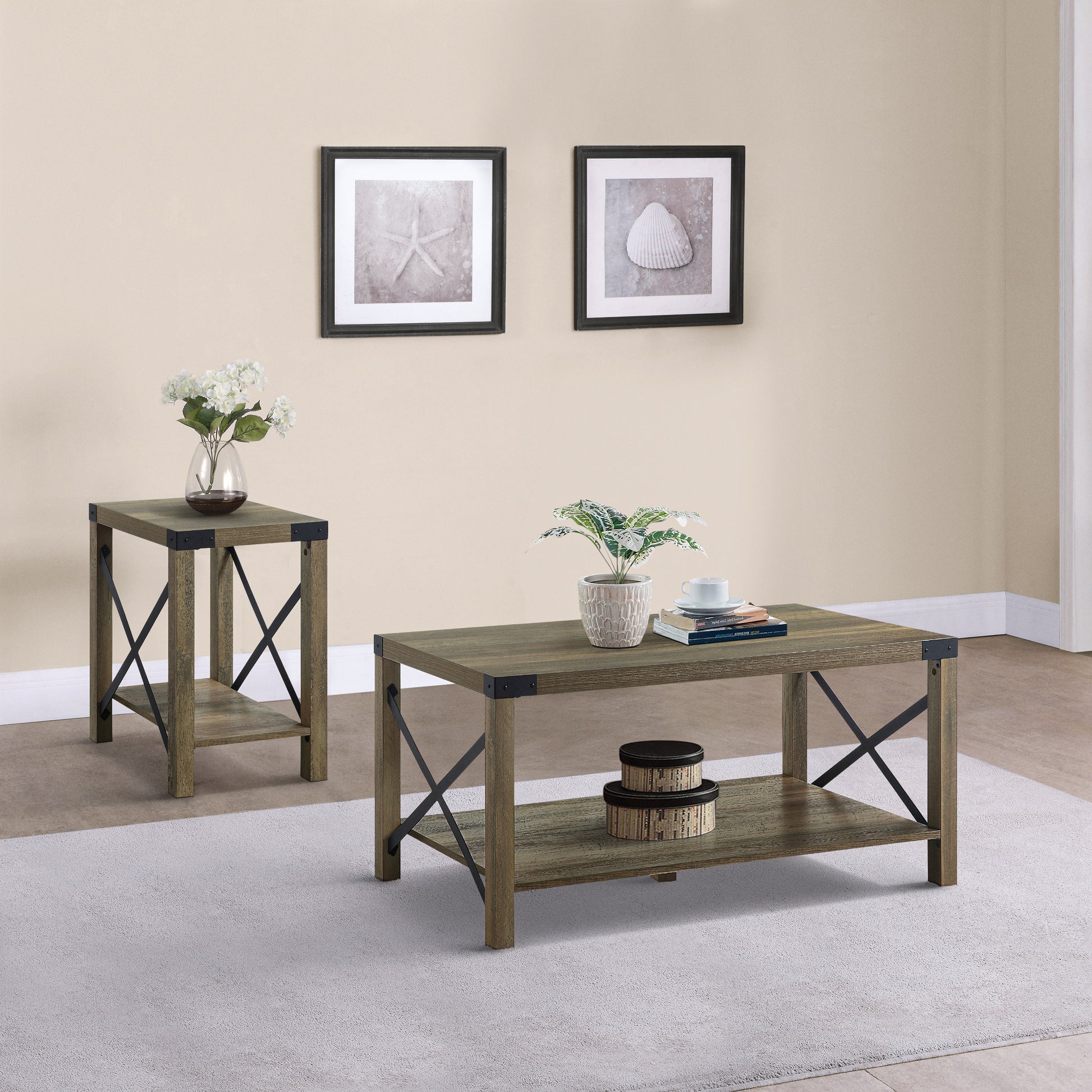 Rustic Oak Coffee Table With Bottom Shelf Rustic Primary Living Space Shelves Rectangular Wood Metal