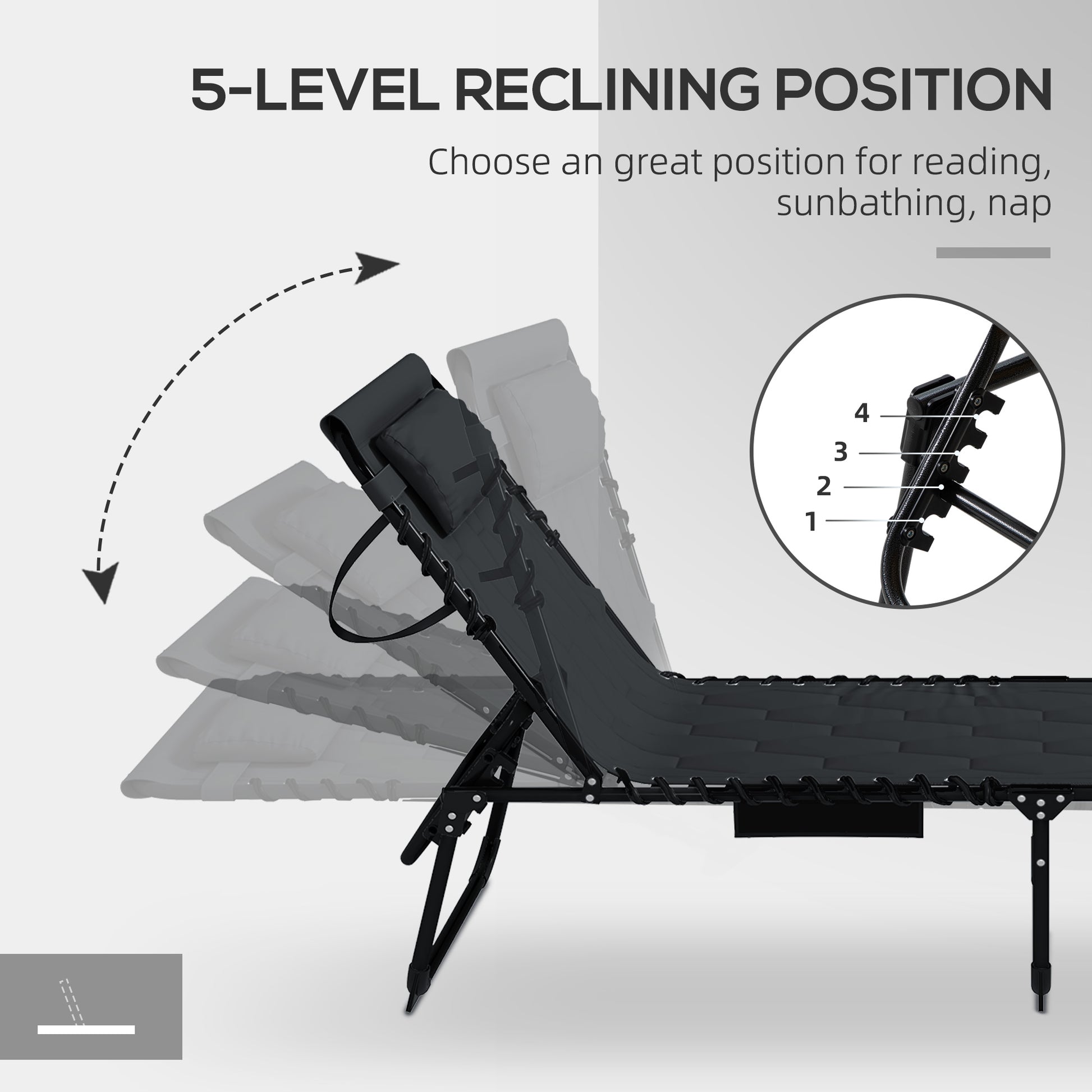 Outsunny Folding Chaise Lounge Set With 5 Level Reclining Back, Outdoor Lounge Tanning Chair With Padded Seat, Side Pocket & Headrest For Beach, Yard, Patio, Black Black Steel