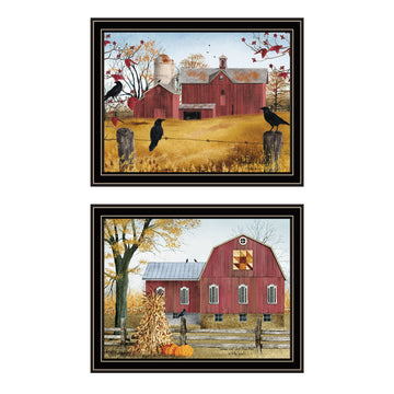 2 Piece Vignette Autumn Red Barns Black Framed Wall Art For Living Room, Farmhouse Wall Art Print For Home Decor, Bedroom Wall Art By Billy Jacobs Multicolor Wood Paper
