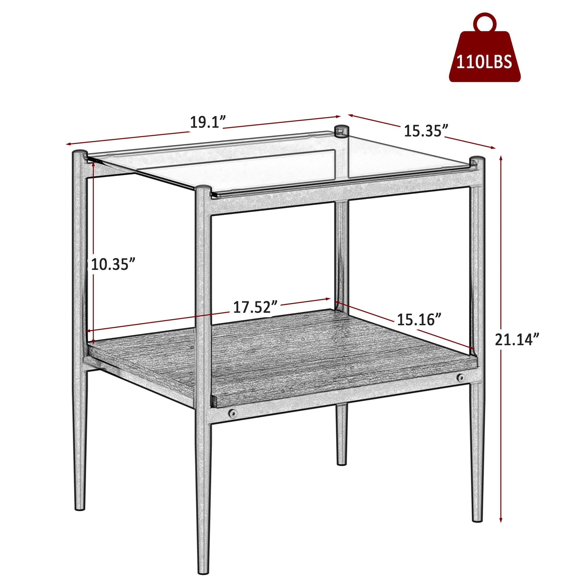 Set Of 2 Rectangle End Table, Tempered Glass Tabletop With Mdf Layer, Modern Table For Living Roomgray Glass Gray Tempered Glass