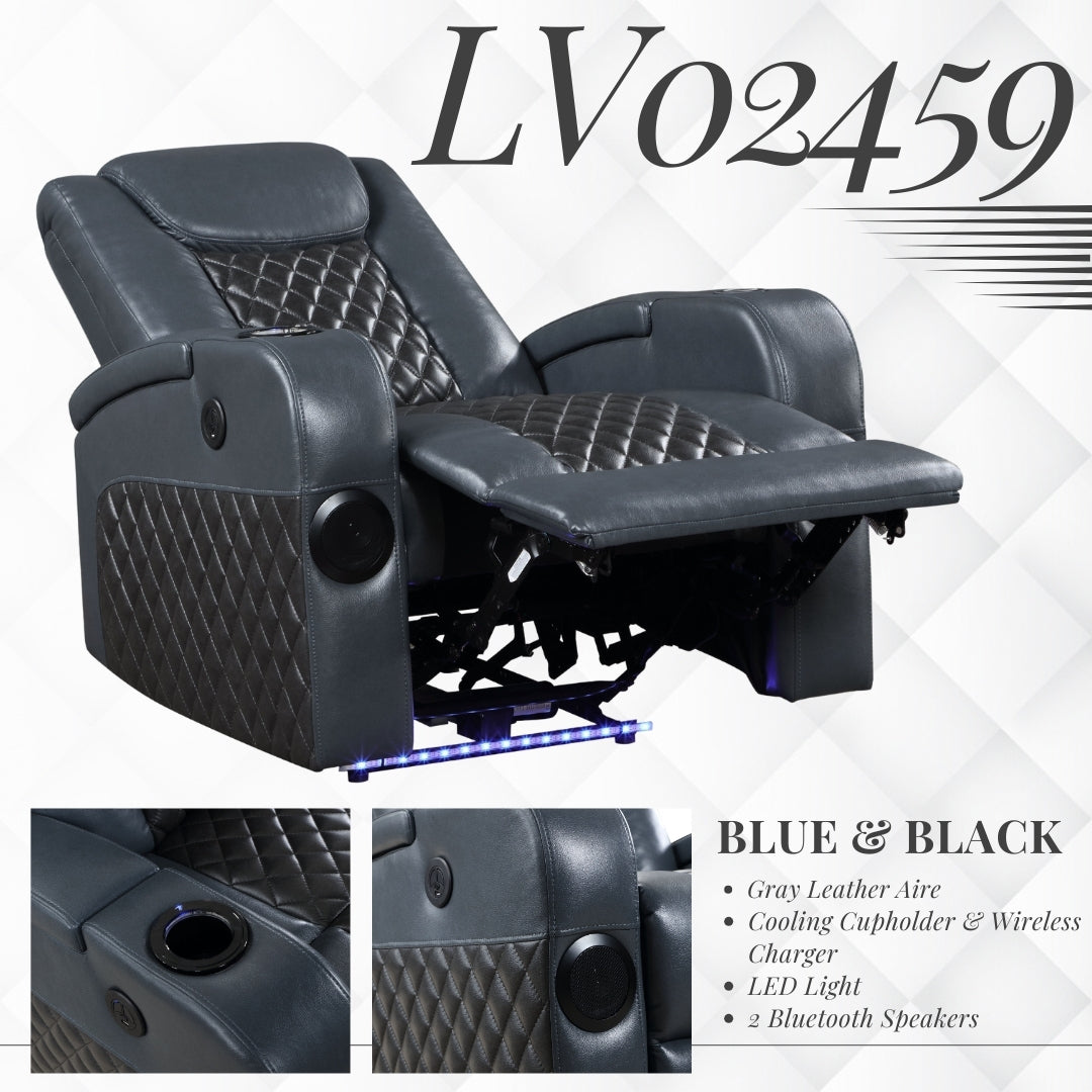 Alair Power Motion Recliner W Bluetooth Speaker & Cooling Cup Holder, Blue & Black Leather Aire Lv02459 Blue Upholstered