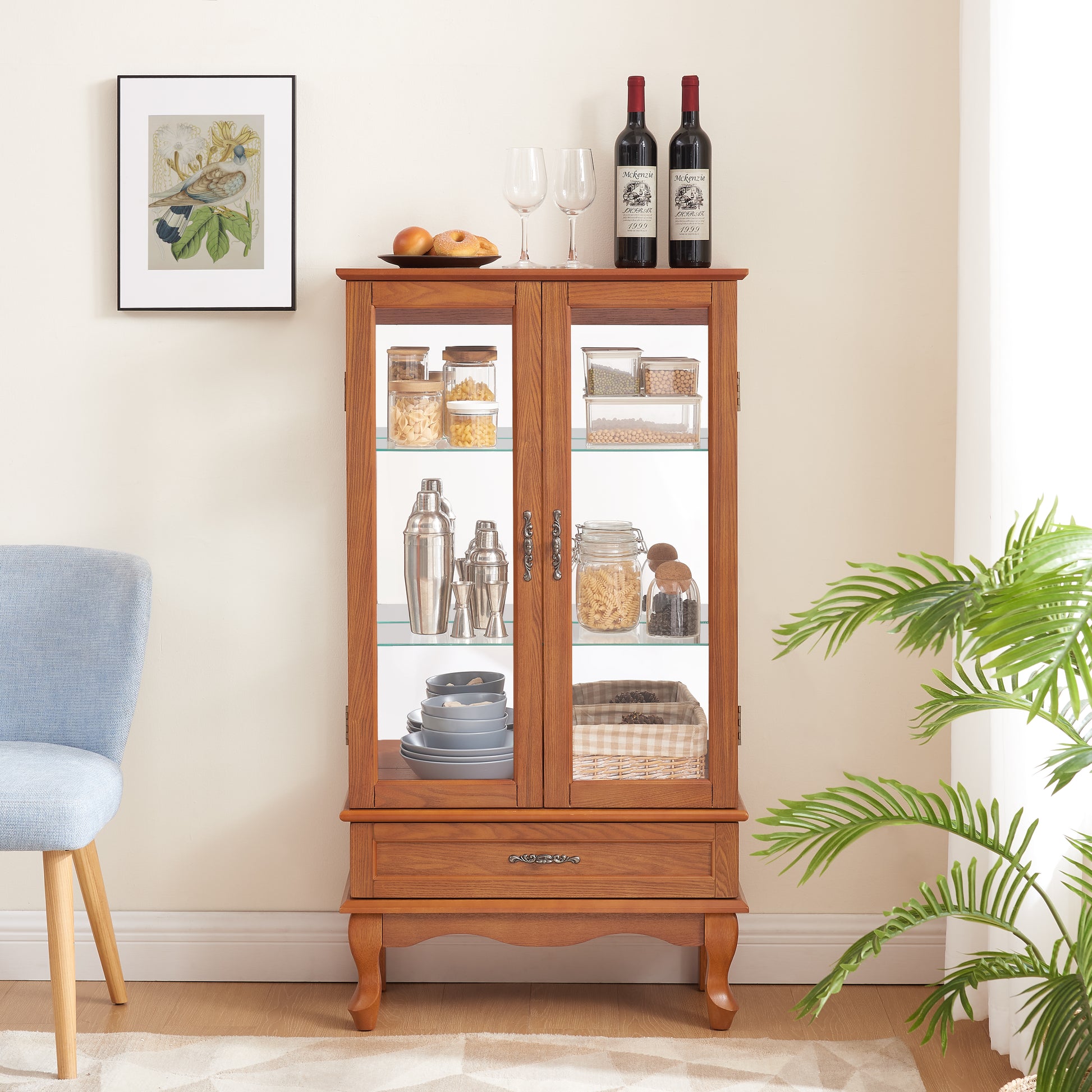 Lighted Glass Cabinet Glass Wine Cabinet Curio Display Cabinet With Adjustable Glass Shelves 2 Doors And 1 Drawer Cabinet Bulb Included Oak Oak Mdf Glass