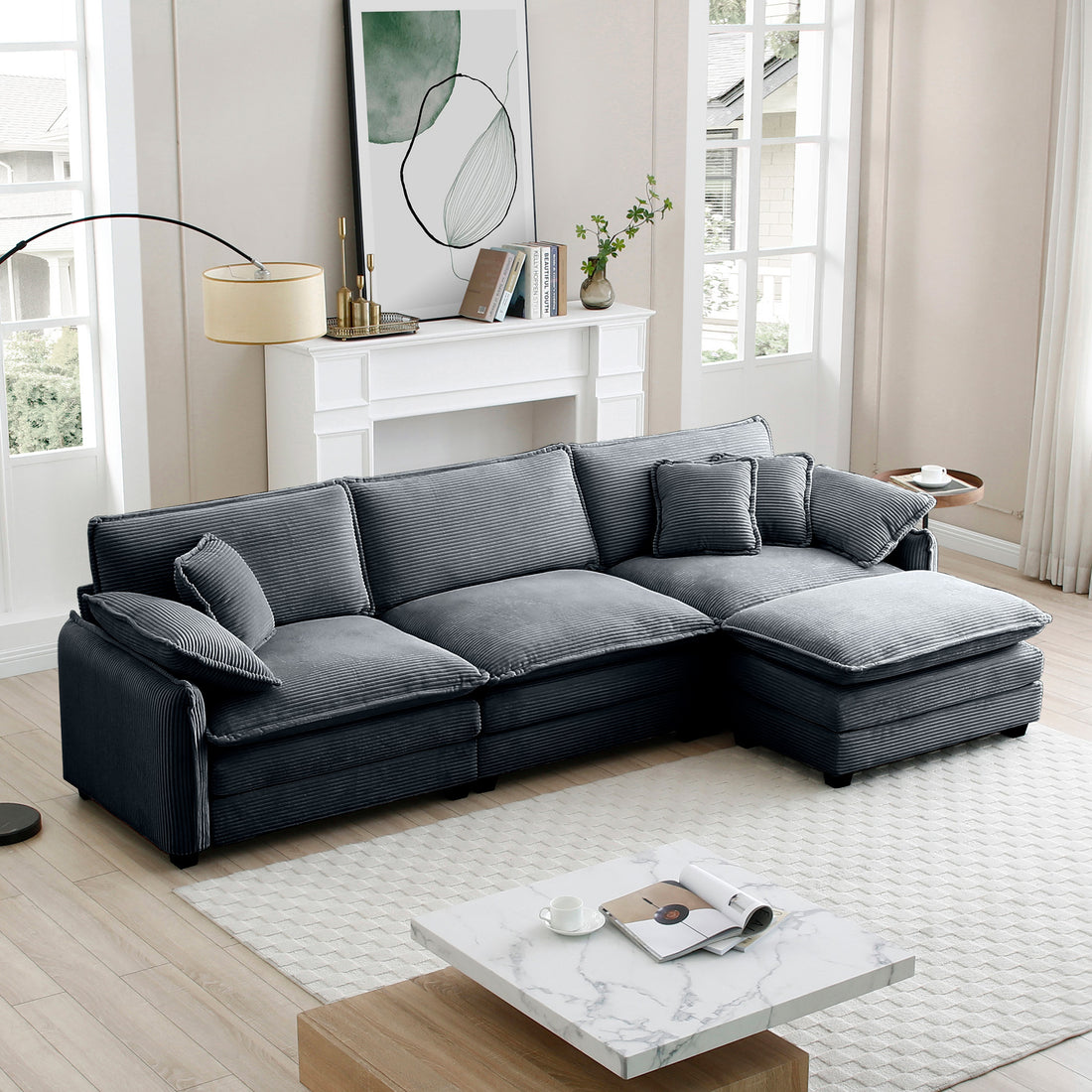 Oversize 3 Seater Sofa With One Footrest, L Shaped Sectional Sofa With Ottoman For Living Rooms,Grey Corduroy Sofa Grey Corduroy 3 Seat