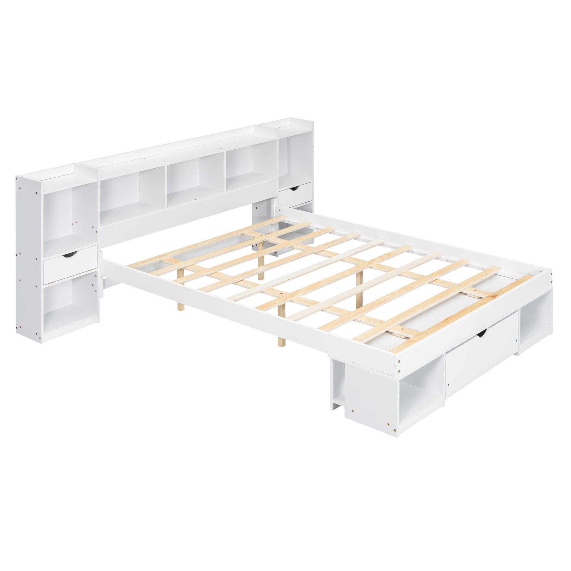 Queen Size Wood Platform Bed With Multi Storage Headboard And A Drawer, White Box Spring Not Required Queen White Wood Bedroom Bed Frame Solid Wood Mdf
