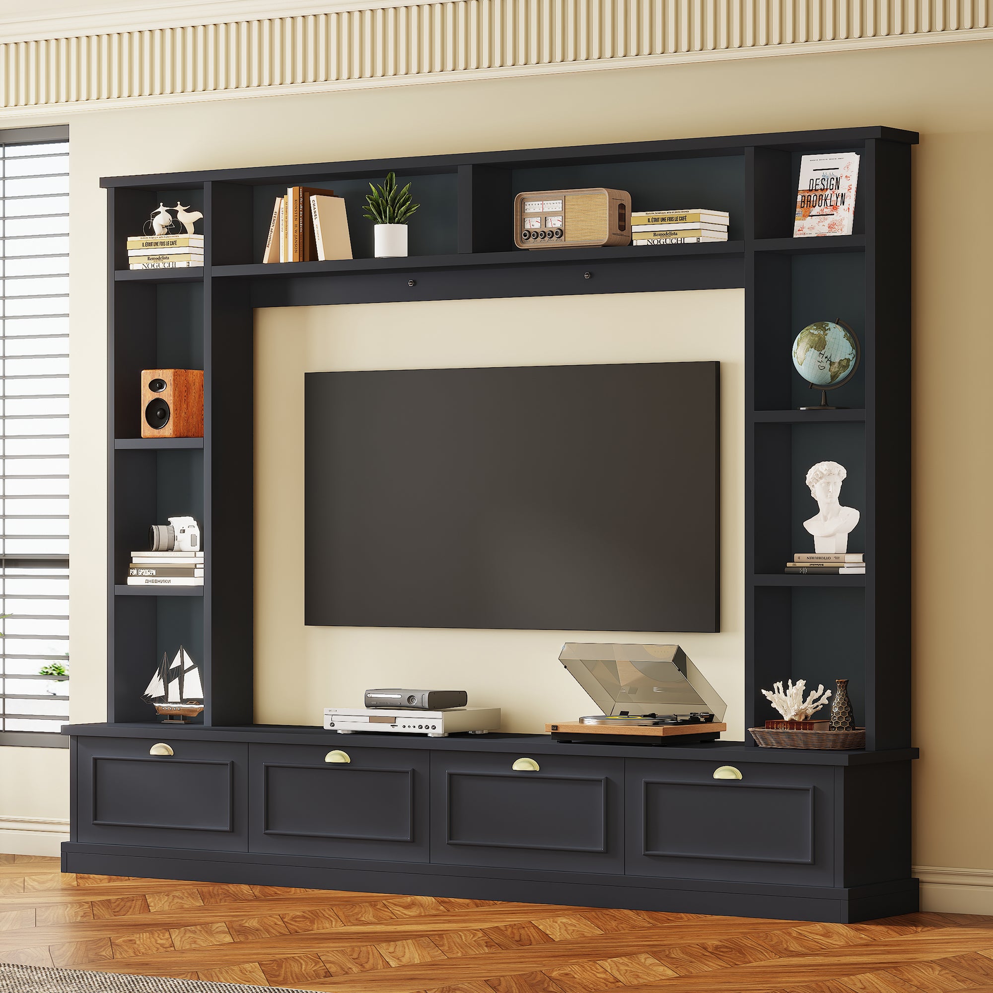 Large Wall Unit Entertainment Center With Bookshelves For Tvs Up To 78'', Modern Tv Console With Cabinets And Open Shelves, 4 In 1 Tv Stand With Golden Handles, Black, 104.2''W*81.2''H Black 70 79 Inches Mdf