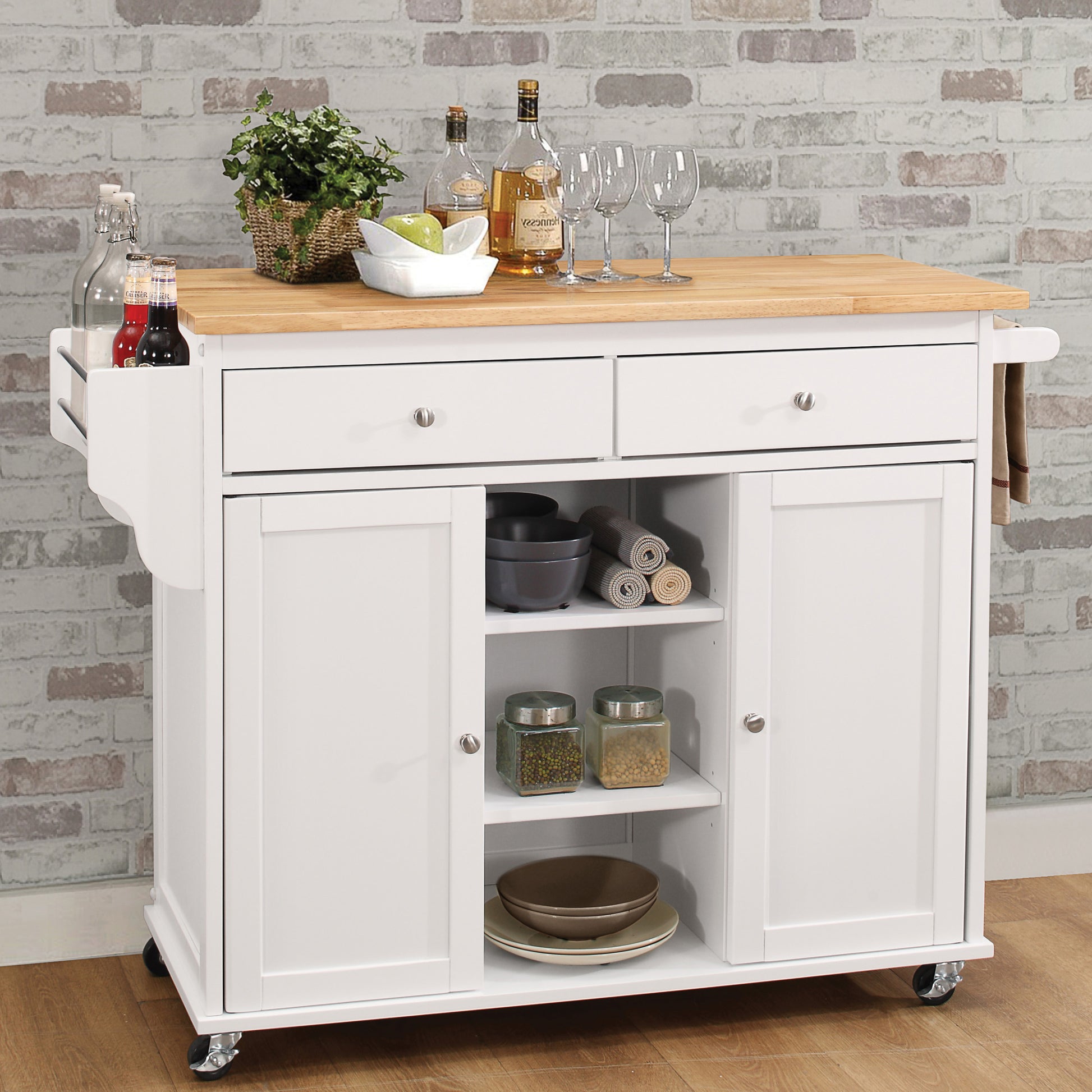 Natural And White 2 Door Kitchen Cart With 2 Drawers Natural White Dining Room Contemporary Kitchen Carts Solid Wood Mdf Medium 40 55In