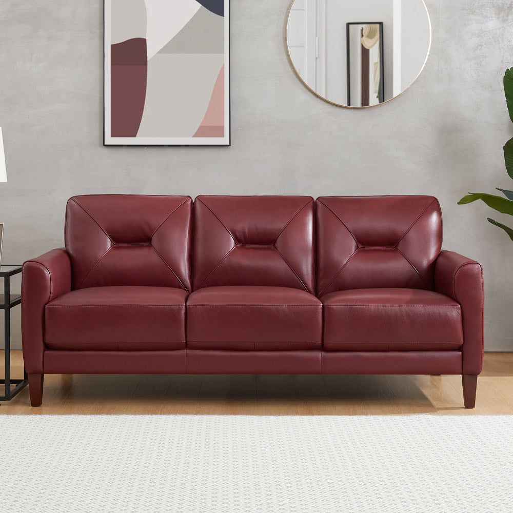 Mavis Leather Sofa Red Memory Foam Genuine Leather 3 Seat