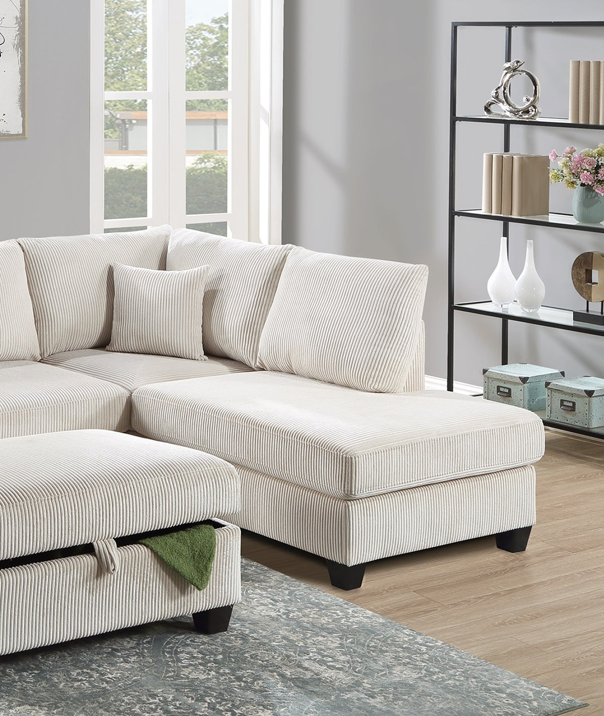 Ivory Color 3Pc Sectional Set Corduroy Upholstered Laf Sofa Raf Chaise
