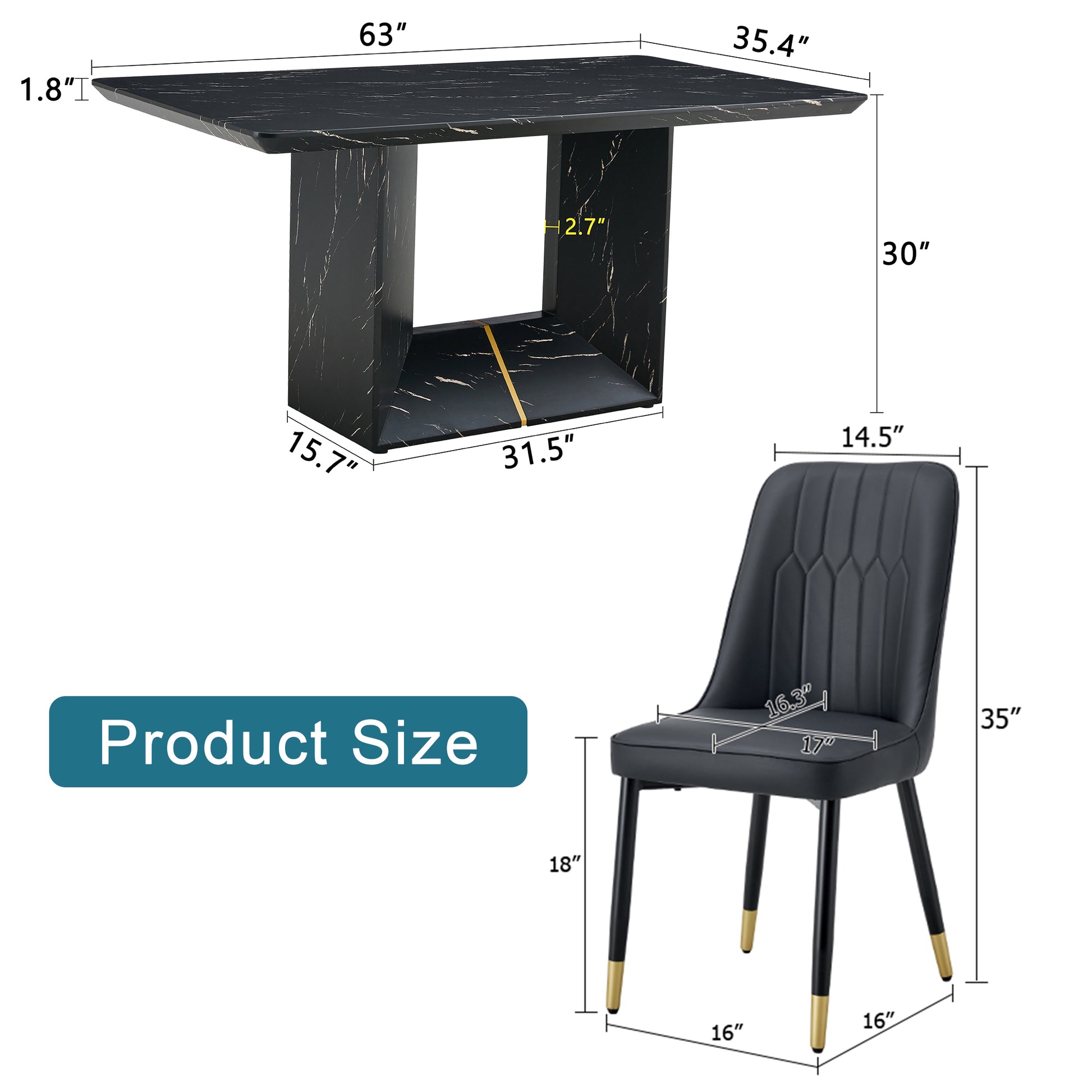 Table And Chair Set.This Modern Dining Table With Mdf Marbled Design Gives You A Luxurious And Elegant Feel.Paired With Multiple Chairs With Pu Artificial Leather Backrest Cushions And Black Legs. Black Seats 6 Mdf