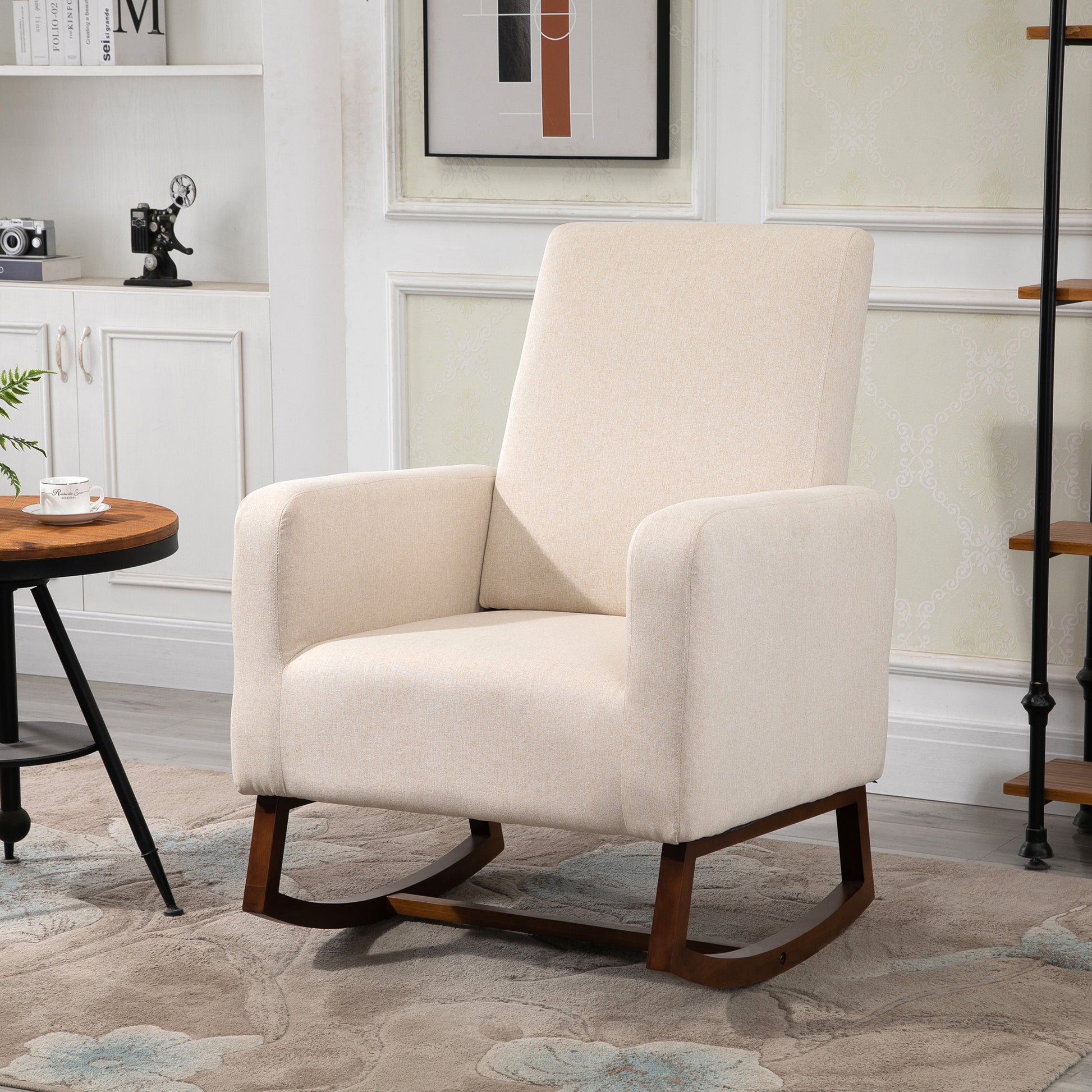 Homcom Accent Lounge Rocking Chair With Solid Curved Wood Base And Linen Padded Seat, Cream White Cream White Linen