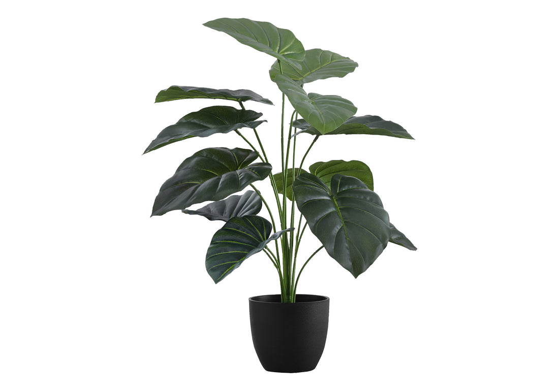 Artificial Plant, 24" Tall, Alocasia, Indoor, Faux, Fake, Table, Greenery, Potted, Real Touch, Decorative, Green Leaves, Black Pot Green Foam Plastic