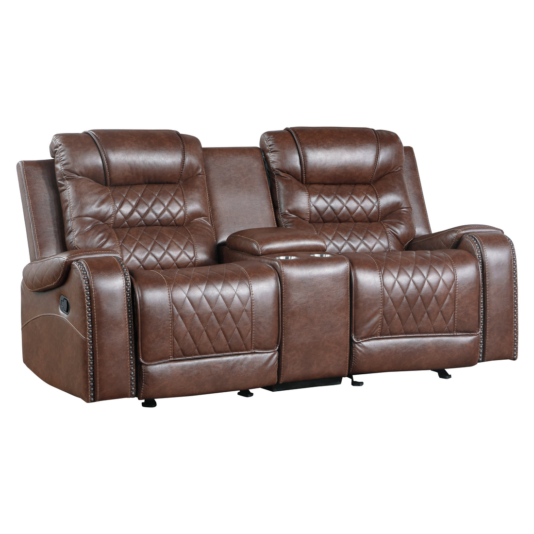 Luxurious Living Room Furniture 1Pc Brown Double Glider Reclining Loveseat With Center Console, Receptacles Usb Ports,Faux Leather Upholstery Diamond Pattern Stitching Brown Faux Leather Wood Primary Living Space Luxury,Modern Solid Wood