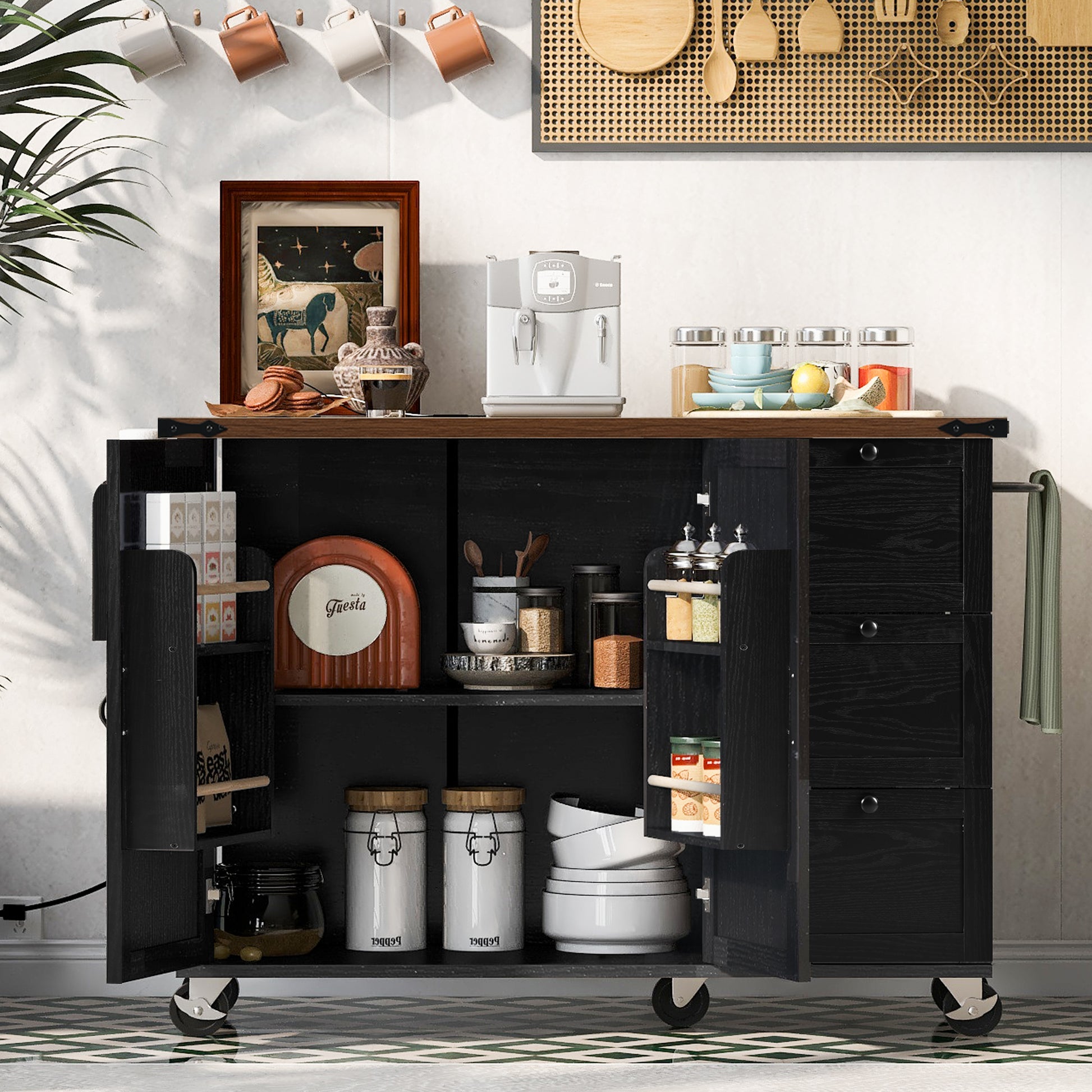 K&K 54.5" Farmhouse Kitchen Island With Power Outlet, Kitchen Storage Island With Internal Storage Rack, Drop Leaf, Spice Rack, Rolling Kitchen Cart On Wheels, For Home, Kitchen And Dining