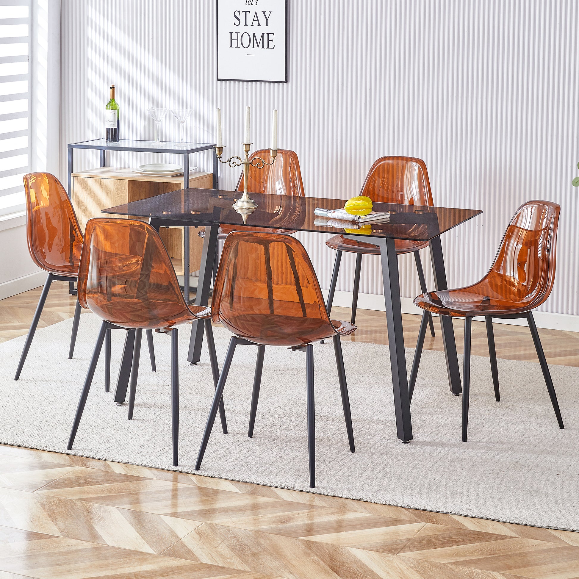 Table And Chair Set.Dark Brown Tempered Glass Tabletop, Black Metal Legs, Dining Table, Work Desk,Dark Brown Transparent Dining Chair. Suitable For Dining Room, Is A Good Choice For Families. Dark Brown Seats 6 Glass