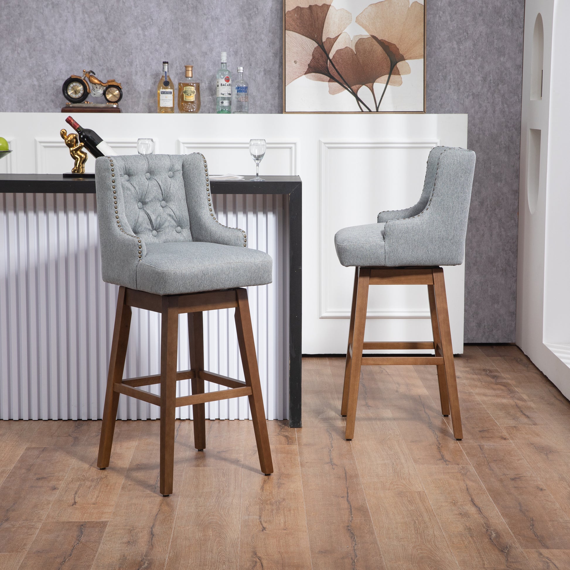 Coolmore Bar Stools Set Of 2 Counter Height Chairs With Footrest For Kitchen, Dining Room And 360 Degree Solid Wood Legs Swivel Bar Stools Set Of 2 Gary Linen Gray Foam Linen