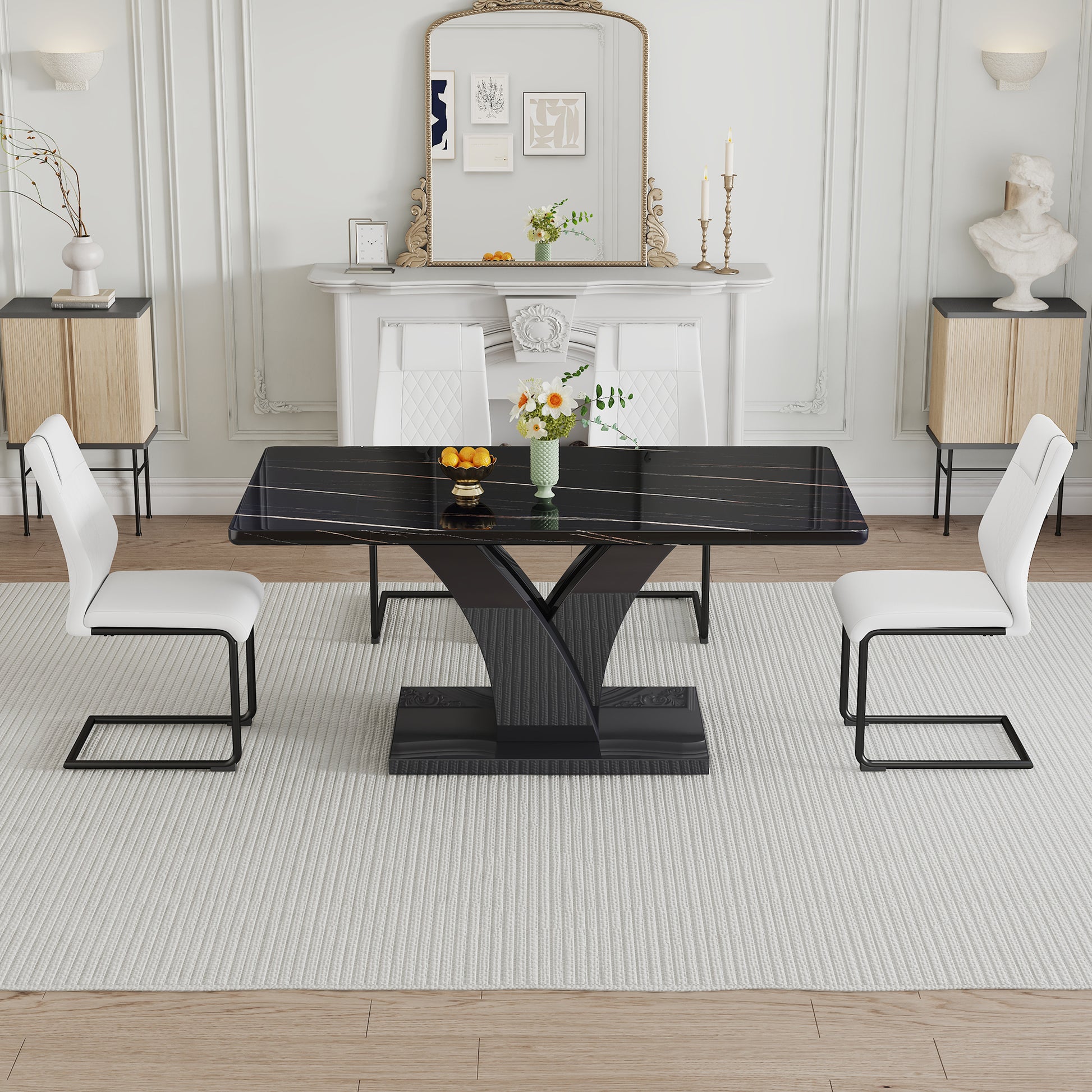 Modern Dining Table, Black Desktop And Black Mdf Leg Dining Table Are The Perfect Choice For Dinner, Conference, Home And Office Decoration F 790 Black Mdf