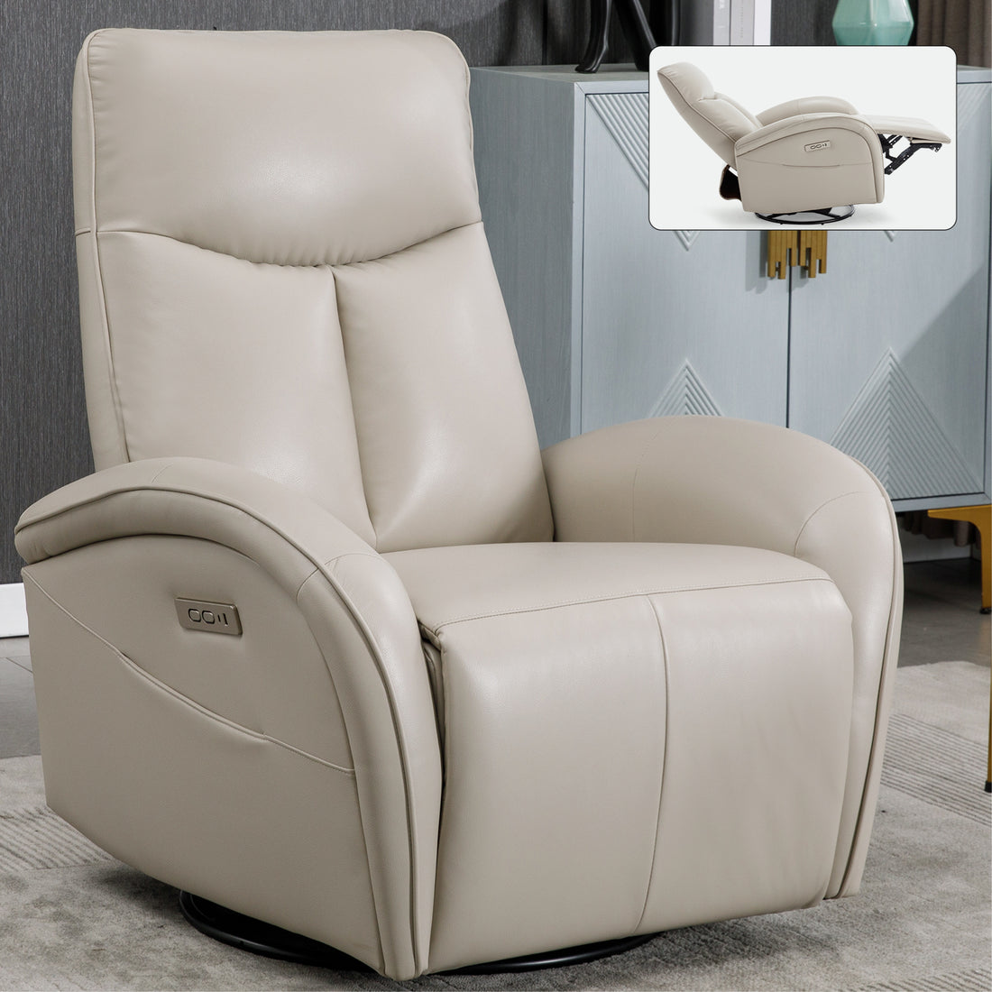 Beige Grey Leatheraire Swivel And Rocker Power Recliner Chair With Lumbar Support, Max Swivel Degree 270 , Heavy Duty Motion Mechanism With Usb And Type C Ports Beige Grey Faux Leather Power Push Button Metal Primary Living Space Medium Firm Pillow Back