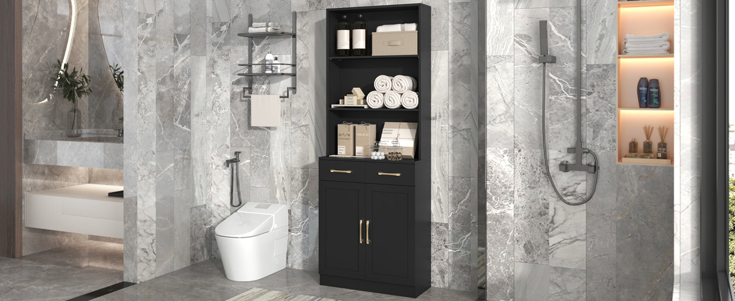 Bathroom Storage Cabinet, Cabinet With Two Doors And Drawers, Adjustable Shelf, Three Layer Open Shelf, Mdf Board, Black Black Mdf