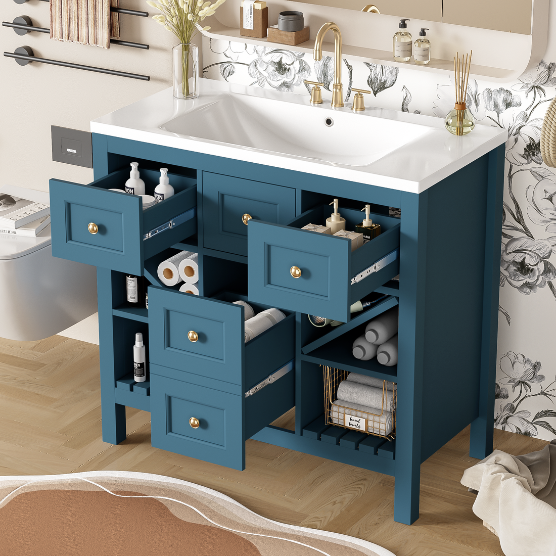 36'' Bathroom Vanity With Resin Sink Combo, Solid Wood Frame Bathroom Storage Cabinet, Freestanding Vanity Set With 5 Drawers& Soft Closing Doors Same As N710S136001C Blue Bathroom Solid Wood Mdf Resin