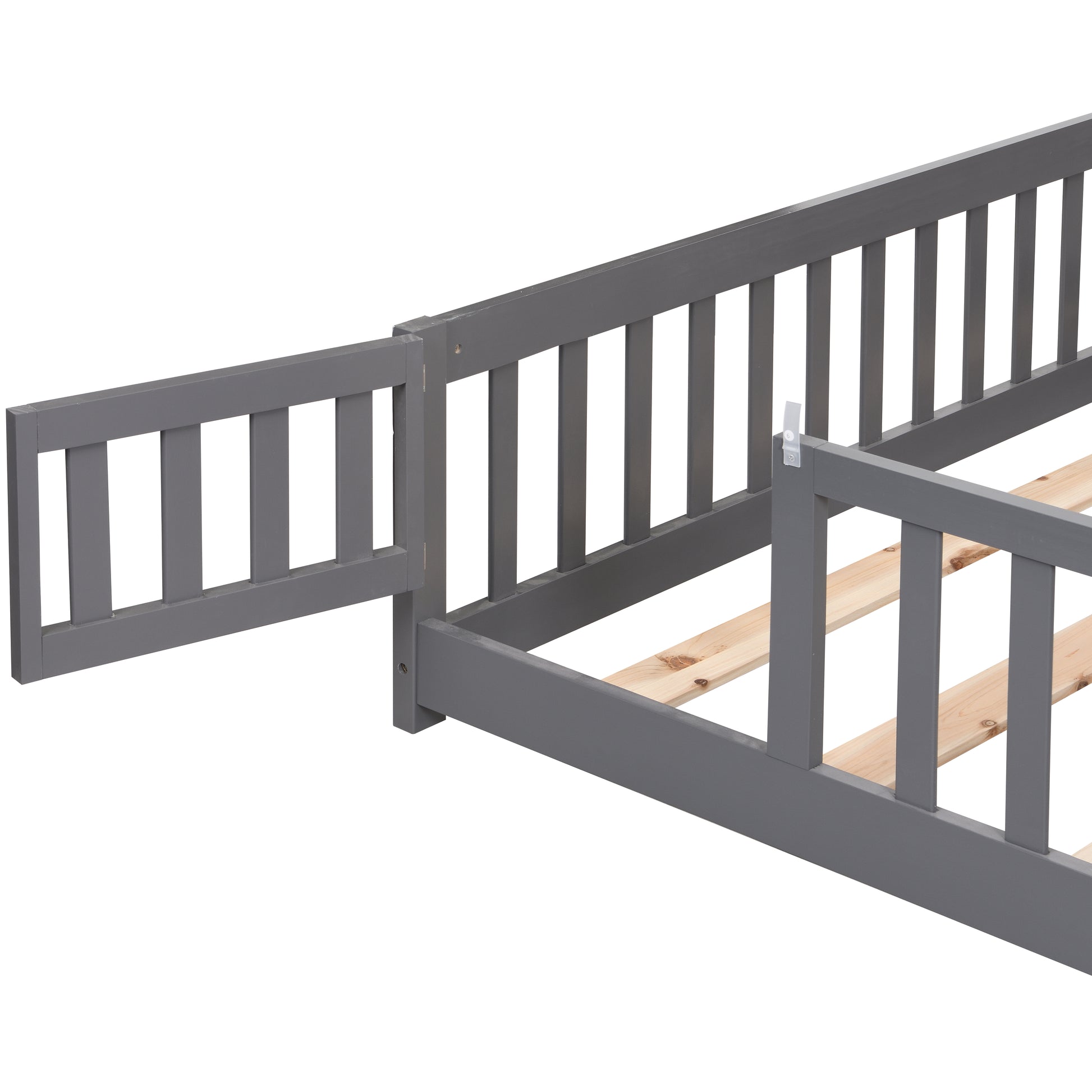 Queen Size Floor Bed With Door,Solid Wood Platform Bed Frame With Fence,Suitable For Children,Pine Wood,Gray Queen Gray Wood