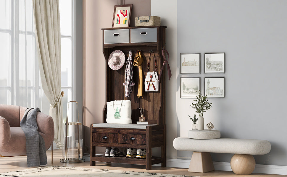 Hall Tree With 6 Hooks And Hinged Lid, Coat Hanger, Entryway Bench, Storage Bench, 3 In 1 Design, 69Inch, For Entrance, Hallway Brown Mdf